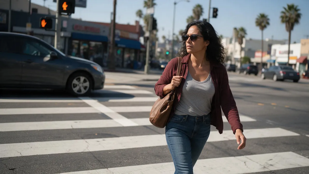 A woman crossing at a Los Angeles crosswalk while a car waits at the stop line